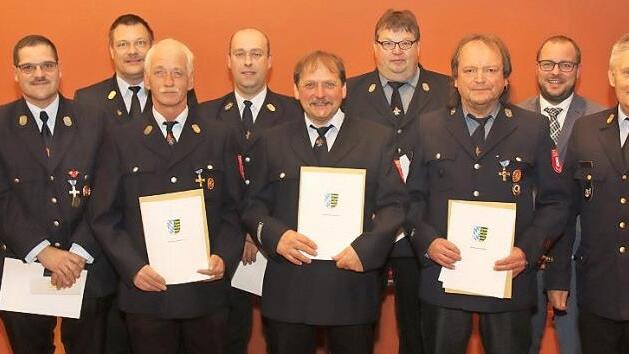 Führungskräfte des Landkreises zeichneten beim Feuerwehrehrungsabend der Gemeinde Ahorn verdiente Wehrleute für 25 und 40 Jahre Dienst mit staatlichen Ehrenzeichen aus.  Foto: Michael Stelzner