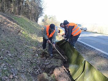 Entlang der KC 25 werden Amphibienschutzzäune errichtet um die Tiere vom Überqueren der viel befahrenen Kreisstraße zu schützen. Frank Maaß (Zweiter von rechts) ist der verantwortliche Organisator vom Landespflegeverband Frankenwald.  Foto: Karl-Heinz Hofmann