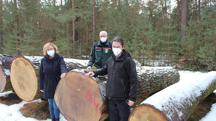 Bürgermeisterin Anja Gebhardt (Gemeinde Kirchehrenbach), Revierleiter Jörg Dettloff (AELF Bamberg) und Matthias Kraft (WBV Fränkische Schweiz,  r.)  begutachten den teuersten Stamm der Laubwertholzsubmission Pretzfeld. PR