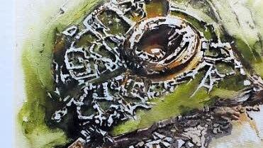 Broch of Gurness, Ein Siedlungsort aus dem2. Jahrhundert in Schottland. Aquarell, 70 x 50 cm.
