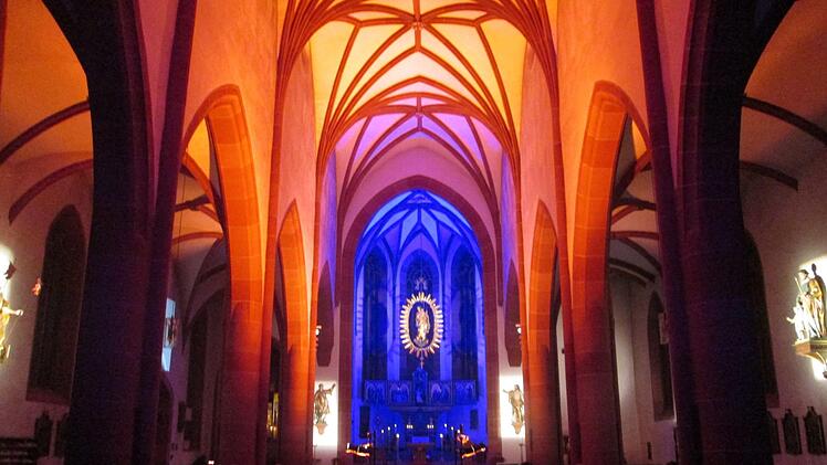 Die prächtig illuminierte Stadtpfarrkirche  wartete mit Texten von Glaubenszeugen und Orgelmusik von Kantor Dieter Blum auf. Foto: Winfried Ehling