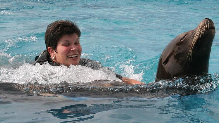 Theresia Schreiber aus Bad Brückenau lässt sich von einem Seelöwen durchs Wasser ziehen. Fotos: Werner Vogel
