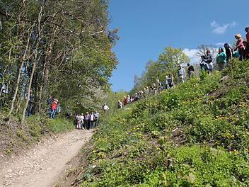 Vor kurzem hatte Bernhard Christoph die Teilnehmer einer Staffelberg-Exkursion an historischer Stelle den Verlauf des einstigen Zangentors nachbilden lassen. Foto: Markus Häggberg