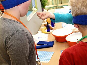 Mit verbundenen Augen sollten sich die Schüler besser auf ihren Geschmackssinn konzentrieren können. Foto: Johanna Blum