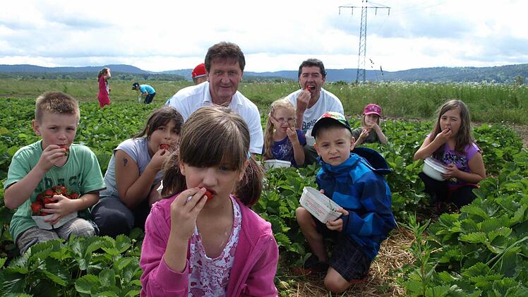 So werden gerne Fotos gemacht - wenn man leckere Erdbeeren naschen darf. Seline (vorne mit Zöpfen) und ihre Schulfreunde machen das gerne zusammen mit Bürgermeister Hans-Peter Laschka (li) und Hermann Bayer (re).