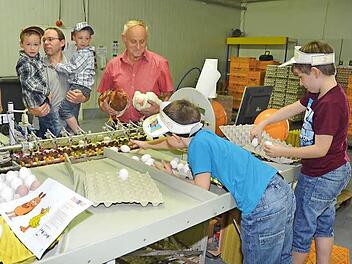 Julian (vorne links) und sein Bruder Samuel hatten riesigen Spaß beim Verpacken der Eier. Im Hintergrund ist auch Hofbesitzer Heinz Schubert (hinten rechts) zu sehen.  Foto: Karl-Heinz Hofmann