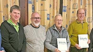 Die geehrten Mitglieder in Gold: (von links) B&uuml;rgermeister Mario G&ouml;tz, Steffen Manger, Alexander Leitschuh, Herbert Winter, Walter Jopp, Kreisvorsitzender Markus Stockmann, Walter Manger (nicht anwesend).