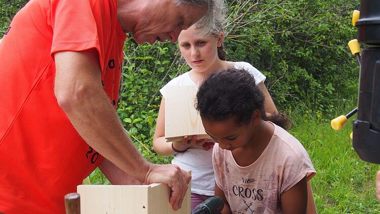 Volker Kess (links) und weitere Helfer der Kreisgruppe Bad Kissingen im Bund Naturschutz bastelten beim Ferienprogramm Nisthilfen für Insekten und besuchten den Sinnberggarten.  Foto: Simone Hepp