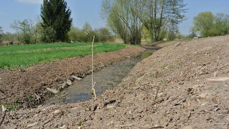 Ganz frisch und sauber abgebaggert und freigelegt ist der Abflussgraben zum Baggersee rechts an der Straße von Zeil nach Sand.
