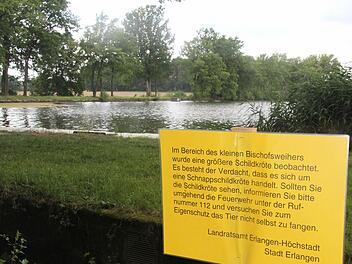 Die Touristenjäger suchen an falscher Stelle. Die richtige Stelle ist nicht der Badeweiher, sondern ein benachbarter kleinerer Weiher.  Foto: Busch