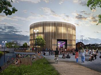 Idyllisch an der Itz und doch zentral auf dem Gelände des ehemaligen Güterbahnhofs gelegen: So stellen sich die Architektur-Studenten Isabell Stengel und Anders Macht das "Globe"-Theater vor. Grafik: Isabell Stengel/Anders Macht