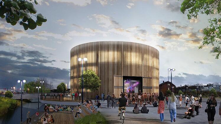 Idyllisch an der Itz und doch zentral auf dem Gelände des ehemaligen Güterbahnhofs gelegen: So stellen sich die Architektur-Studenten Isabell Stengel und Anders Macht das "Globe"-Theater vor. Grafik: Isabell Stengel/Anders Macht