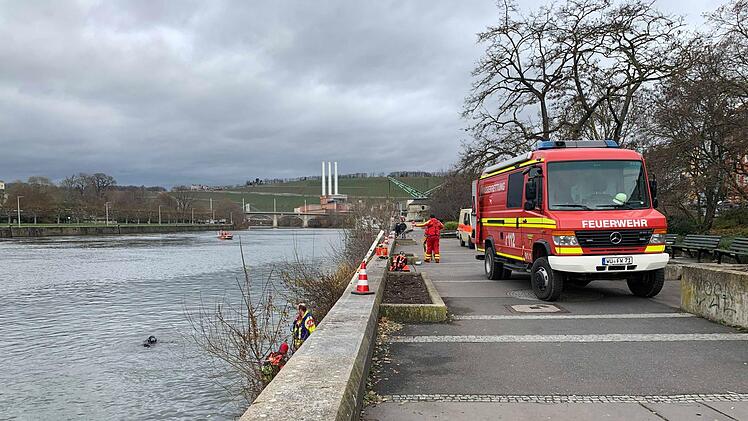 Einsatzkräfte suchen am Sonntagmittag in Würzburg den Main nach einem vermissten Familienvater ab. Foto: NEWS5 / Höfig