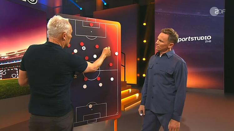 Christian Streich (links) erkl&auml;rt Jochen Breyer an der Taktiktafel Harry Kanes Lauffwege.
