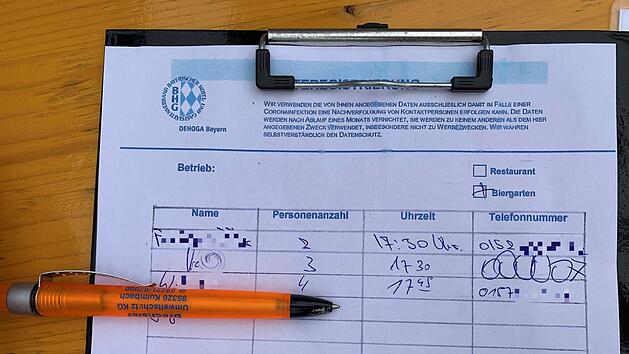 An der Liste stimmt einiges nicht: Zum einen der Eintrag in Zeile 2, in der nicht nur der Name relativ unleserlich ist  (wir haben den Namen dennoch weiter unkenntlich gemacht), sondern auch die Telefonnummer nicht stimmen kann. Außerdem darf so eine Liste mit den Namen und Kontaktdaten gar nicht in die Hände von anderen Gästen kommen -  aus Datenschutzgründen. Foto: Jürgen Gärtner