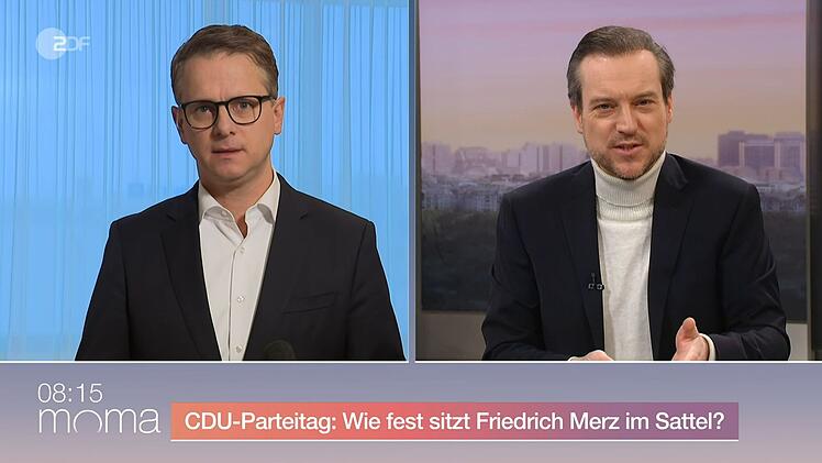 CDU-Generalsekret&auml;r Carsten Linnemann (links) war ZDF-"Morgenmagazin"-Moderator Andreas Wunn live vom Parteitag aus Stuttgart zugeschaltet.