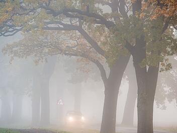 Auto fährt bei Nebel auf einer Landstraße