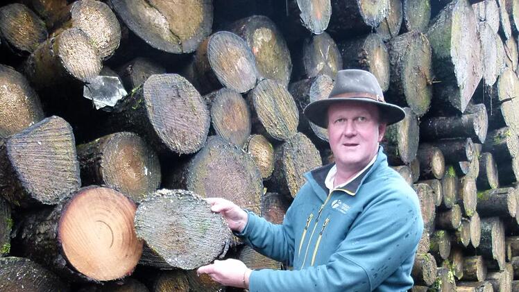 Forstwirtschaftsmeister Norbert Seitz zeigt an einer Holzscheibe den Unterschied zwischen Trocken- und Nassholz.  Fotos: Lothar Weidner