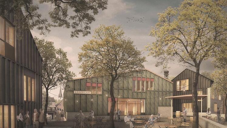 Die Außenansicht wirkt durch die Verwendung von großformatigen Holzschindeln wie eine Scheune. Natursteinpflaster, viel Grün, lose Bestuhlung: so könnte der Biergarten aussehen. Im Hintergrund spitzt die Stadtpfarrkirche durch.  Foto: kol-lek-tiv Architekten Hoffstadt Dzhamurov Bosch Partnerschaft mbB