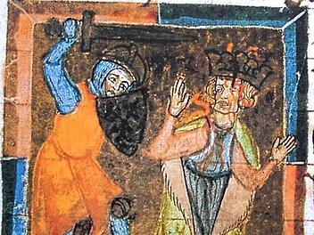 Anders als auf dieser Anfang des 14. Jahrhunderts zum Königsmord geschaffenen Miniatur dürfte König Philipp von Schwaben die Königskrone beim für ihn tödlich verlaufenden Gewaltakt kaum getragen haben.  Repro: Wikipedia