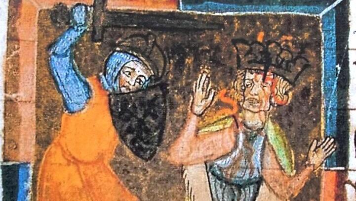 Anders als auf dieser Anfang des 14. Jahrhunderts zum Königsmord geschaffenen Miniatur dürfte König Philipp von Schwaben die Königskrone beim für ihn tödlich verlaufenden Gewaltakt kaum getragen haben.  Repro: Wikipedia