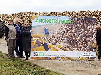 Zuckerrüben  zu Hauf: Kreisobmann Heiner Faatz (vorne rechts)  mit den Rübenanbauern Christine und Albert Hümmer, Geschäftsführer Werner Nützel,  seinem Stellvertreter Peter Schlund, Landesbäuerin Anneliese Göller und BBV-Fachberater Daniel Spaderna (von links). Foto:  Barbara Herbst