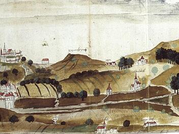 Die Geleitstraßenkarte (hier ein Ausschnitt mit Coburg ganz links) stammt nicht aus dem Jahr 1517, sondern von 1562. Trotzdem illustriert sie die Ausstellung im Staatsarchiv - es handelt sich um eine der ältesten Darstellungen des Coburger Gebiets.  Quelle: Staatsarchiv Coburg, Plansammlung 1009