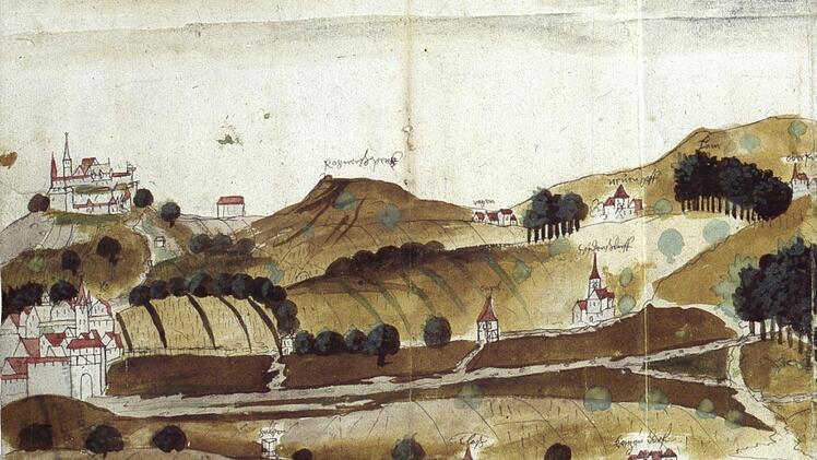 Die Geleitstraßenkarte (hier ein Ausschnitt mit Coburg ganz links) stammt nicht aus dem Jahr 1517, sondern von 1562. Trotzdem illustriert sie die Ausstellung im Staatsarchiv - es handelt sich um eine der ältesten Darstellungen des Coburger Gebiets.  Quelle: Staatsarchiv Coburg, Plansammlung 1009