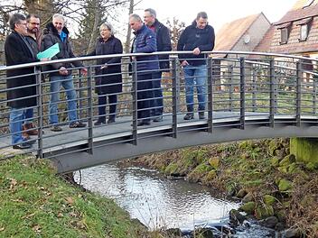Der Bauausschuss Oberaurach besichtigte im oberfr&auml;nkischen Lauter eine Br&uuml;cke, die als Vorbild f&uuml;r den Zugang zur Insel am oberen Rathausweiher in Tretzendorf dient. Die Oberauracher Br&uuml;cke wird mit gut 17 Metern etwa doppelt so lang werden wie die Lauterer Ausf&uuml;hrung. Foto: privat