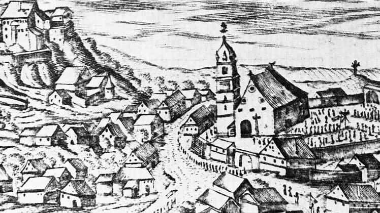 Gößweinstein um 1672 auf einem Stich von Friedrich Weygandt, mit alter Kirche und Wehrmauer ringsum und Wallfahrern auf den Straßen und im Kirchhof Repro: Reinhard Löwisch