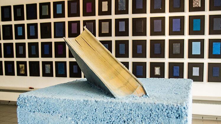 Dietmar Pfisters "Blaues Buch" vor der "Blauen Buchwand" im Studio des Kunstvereins Coburg. Foto: Jochen Berger