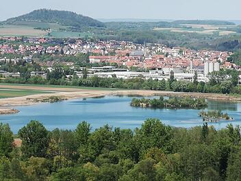 Direkt am Main liegt das aktuelle Abbaugebiet der Firma Dotterweich, zu erkennen als Baggersee. Links davon hätte sich die neue, die beantragte Ausbeutefläche angeschlossen. Im Hintergrund ist Zeil zu sehen. rn