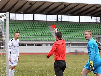 Entscheidende Szene vor leeren Rängen: Schiedsrichter Manuel Steigerwald zeigt dem Bamberger Robin Renner die Rote Karte für das Verhindern eines Tores per Handspiel.  Foto: sportpress