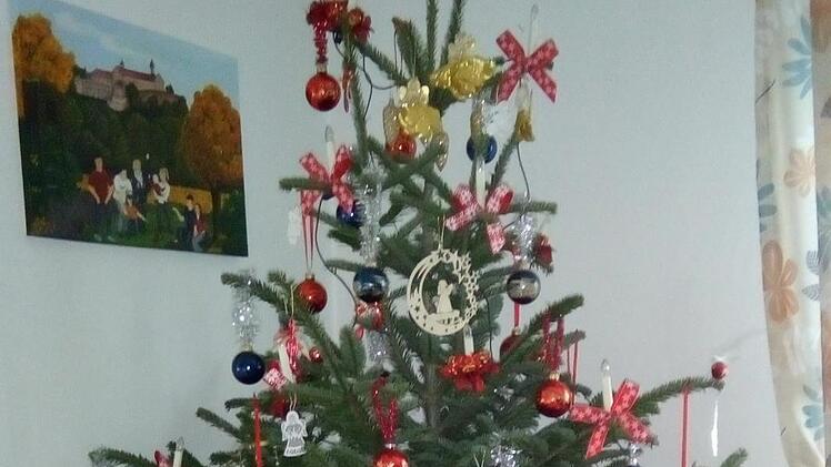 Gabriele Storath: "Am 23. schmückten wir unseren Weihnachtsbaum, wie immer eine Nordmanntanne. Diesmal habe ich mich dazu verleiten lassen, auch meine blauen Kugeln in den Baum zu hängen. Traditionsgemäß wird auch immer eine beleuchtete Krippenlandschaft aufgebaut. Dieses Jahr ist es ein fränkischer Stall. Wasserfall, See undGrotten dürfen natürlich nicht fehlen."