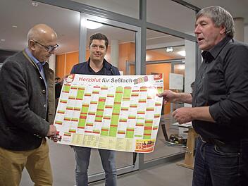 Wandkalender mit den Seßlacher Blutspendeterminen von IBC Solar (von links): Wolfgang Pfister, Manuel Schultheiß, Jürgen Forscht