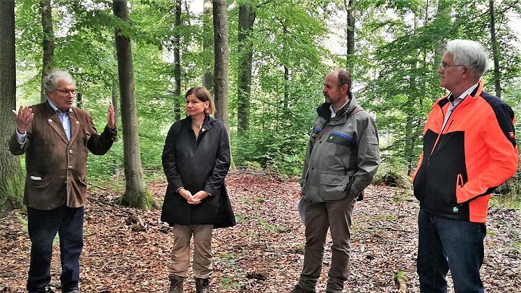 Gemeinsame Bemühungen zum Erhalt der Wälder beschworen (von links) Hubert Weiger, Präsident des Deutschen Naturschutzrings, Parlamentarische Staatssekretärin Manuela Rottmann (BMEL), Leitender Forstdirektor Oliver Kröner, Leiter des Amtes für Ernä...