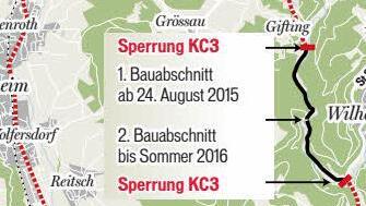 Die Umleitungsstrecke während der Sperrung der Kreisstraße 3.  Grafik: Franziska Schäfer