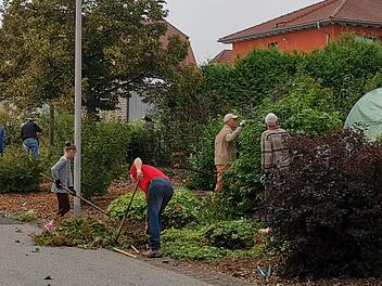 Freiwillige Helfer des Obst- und Gartenbauvereins kümmern sich um Grünflächen im Ort. Aura soll im Rahmen der Dorferneuerung noch grüner werden.