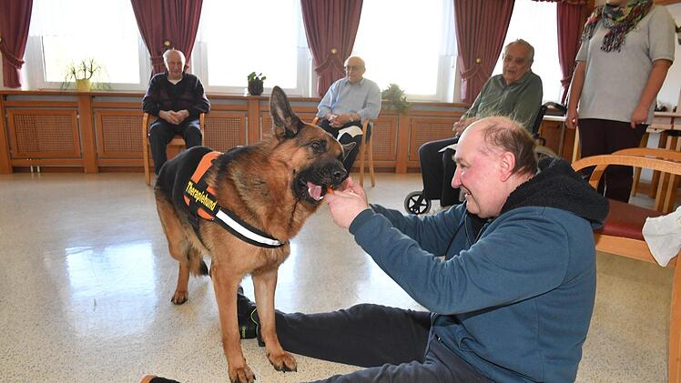 Therapiehund Aramis bei den Senioren im Kulmbacher WohnstiftFoto: Ronald Rinklef