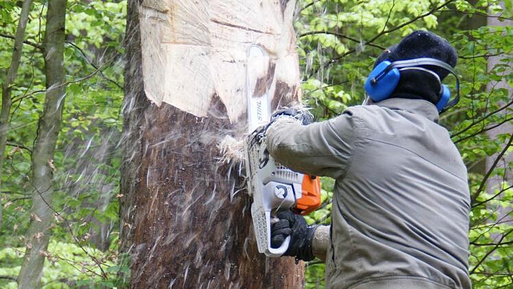Jan Svadlenka bei den ersten Schnitten auf dem Weg zu einer neuen Skulptur.