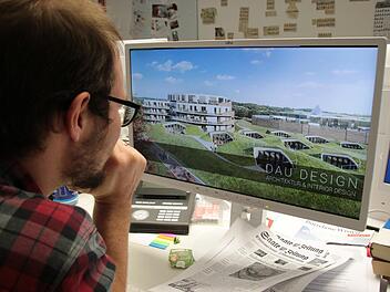Auf seine Facebook-Seite hat Architekt Harald Dau bereits Ansichten vom Thermen-Hotel an der Kisssalis gestellt: Vorne sind die Spa-Suiten, als Erdhäuser mit eigener Sauna, zu erkennen, dahinter das eigentliche Hotel, im Hintergrund die Therme. Foto: Ralf Ruppert
