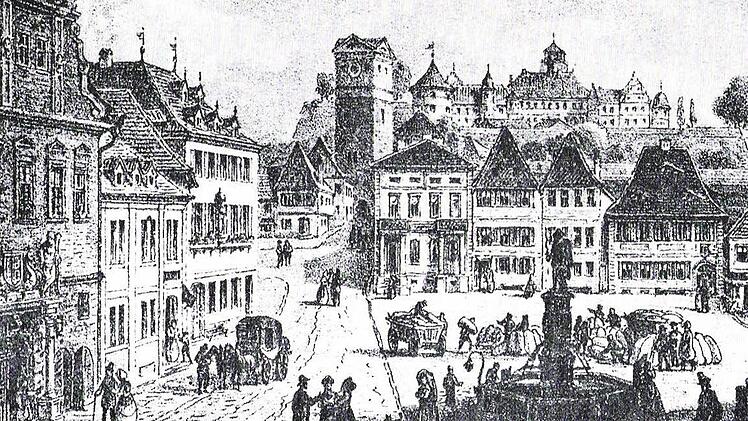 Ansicht des Kronacher Marktplatzes von Lorenz Kaim aus dem Jahr 1850: Im zweiten Haus von links soll sich laut Christian Porzelt das Haus befinden, in dem die Familie Welsch in Kronach wohnte.  Foto: privat