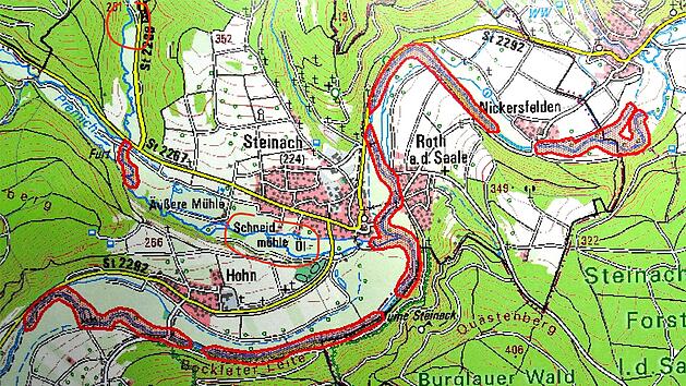 Die dokumentierten Biber-Reviere im Norden der Marktgemeinde Bad Bocklet.  Karte: Regierung von Unterfranken