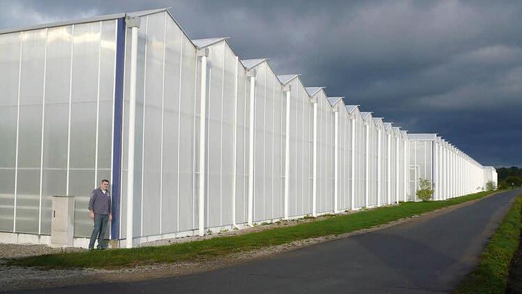 Die dunklen Wolken sind beinahe symbolisch: So wie auf diesem Bild, es zeigt eine Anlage im Knoblauchsland unweit des Nürnberger Flughafens,- könnte es bald auf dem Jura bei Fesselsdorf aussehen. Die Nürnberger Gemüsebauern Scherzer und Boss wollen dort ein Gewächshaus errichten, das in der Bevölkerung umstritten ist.  Foto: Stephan Stöckel