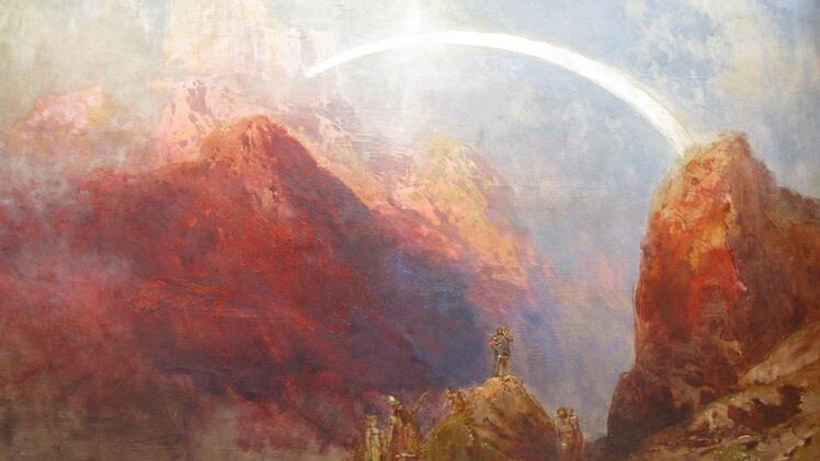 Eindrucksvolle Landschaftsdarstellungen waren das Markenzeichen der Bühnenbilder aus dem Atelier der Coburger Theatermaler Max und Gotthold Brückner. Das gilt auch für diese Szene aus "Rheingold", entstanden für den Bayreuther "Ring des Nibelungen" des Jahres 1876.Foto: Puppenmuseum