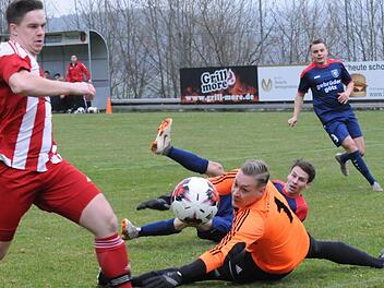 Fuchsstadts Torwart Sven Eyrich pariert gegen Yanik Unger von der TG Höchberg. Die stark verbesserten "Fuschter" gewannen ihr Heimspiel gegen die Rand-Würzburger völlig verdient. ssp