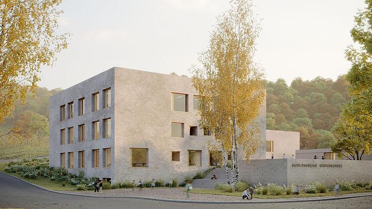 Die Visualisierung zeigt den geplanten Neubau der Nüdlinger Grundschule.