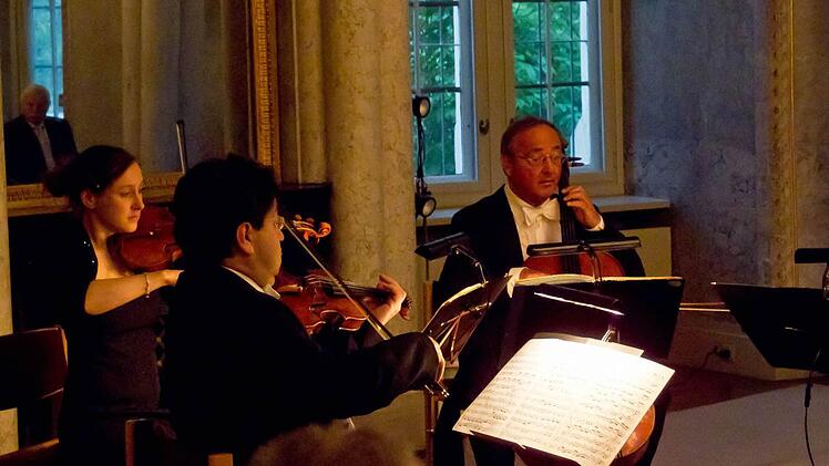 Das Bamberger Streichquartett gastierte im Marmorsaal von Schloss Rosenau (von links): Michaela Reichel Silva (Violine), Raúl Teo Arias (Violine) und Karlheinz Busch (Violoncello).