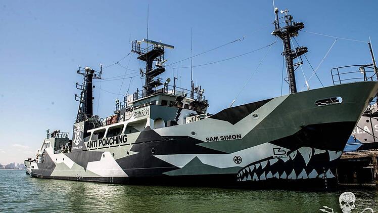 Ein martialisches Auftreten gehört bei Sea Shepherd dazu: Die Sam Simon, mit der Sven Höreth als Maschinist zu den Faröern aufbricht, zieren Haifisch-Zähne und ein Totenkopf mit Hirtenstab und Neptuns Dreizack, das Markenzeichen von Sea Shepherd. Foto: Sea Shepherd