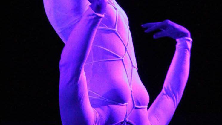 "Aerial Hammock": Sara Wunderer schwebte mit ihrem weißen Tuch im Schwarzlicht. Foto: Bertram Wagner